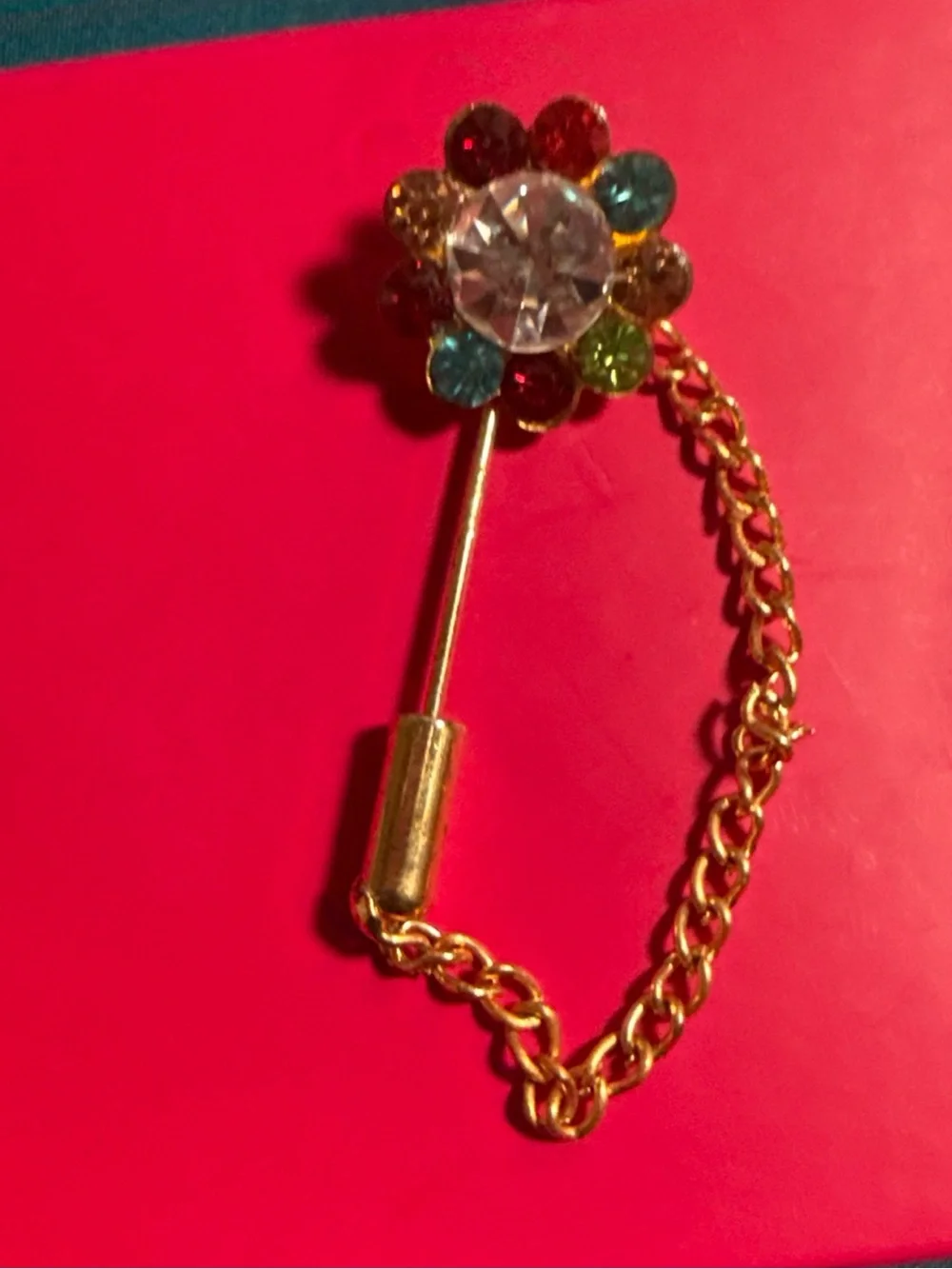 Multicolor Crystal Flower Lapel Pins with Chain (Set of 2)